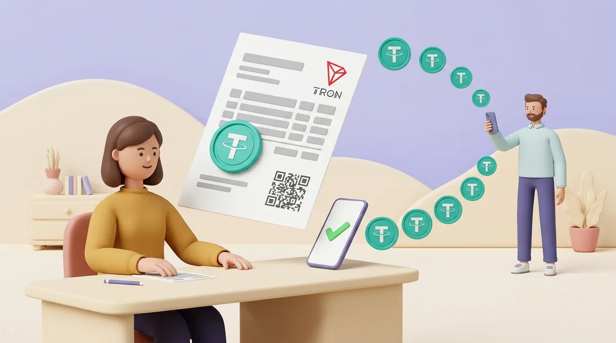A woman in a mustard sweater at her desk sends an invoice sheet with a USDT coin, the TRON logo and a QR code to a client holding a phone, while an arc of USDT coins flies back to her phone showing a green tick.