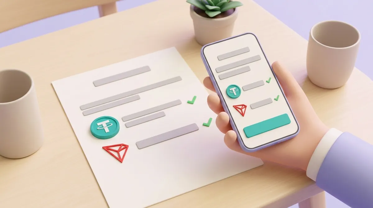 A hand holds a phone showing a withdrawal form with a USDT coin and the TRON logo above a paper invoice with the same coin and logo, green ticks marking the matching lines.