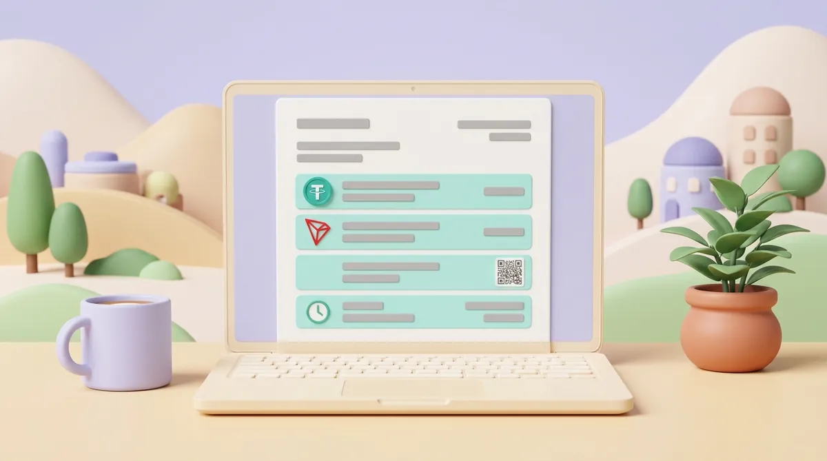 An invoice on a laptop screen with four lines highlighted in teal: a USDT coin, the TRON logo, a QR code and a clock for the due time, with a mug and a plant beside the laptop.
