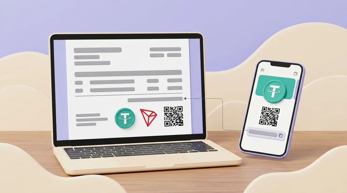 Ноутбук с заполненным инвойсом, где стоят монета USDT, логотип TRON и QR-код, рядом телефон с открытым кошельком, от которого пунктирная линия ведёт к строке адреса на экране.