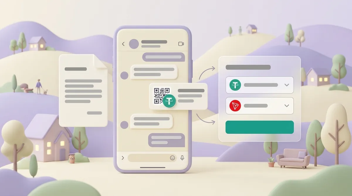 Телефон с чатом мессенджера, в сообщении карточка платёжной ссылки с QR-кодом и монетой USDT, справа окно оплаты с выбором монеты USDT и сети TRON и бирюзовой кнопкой.