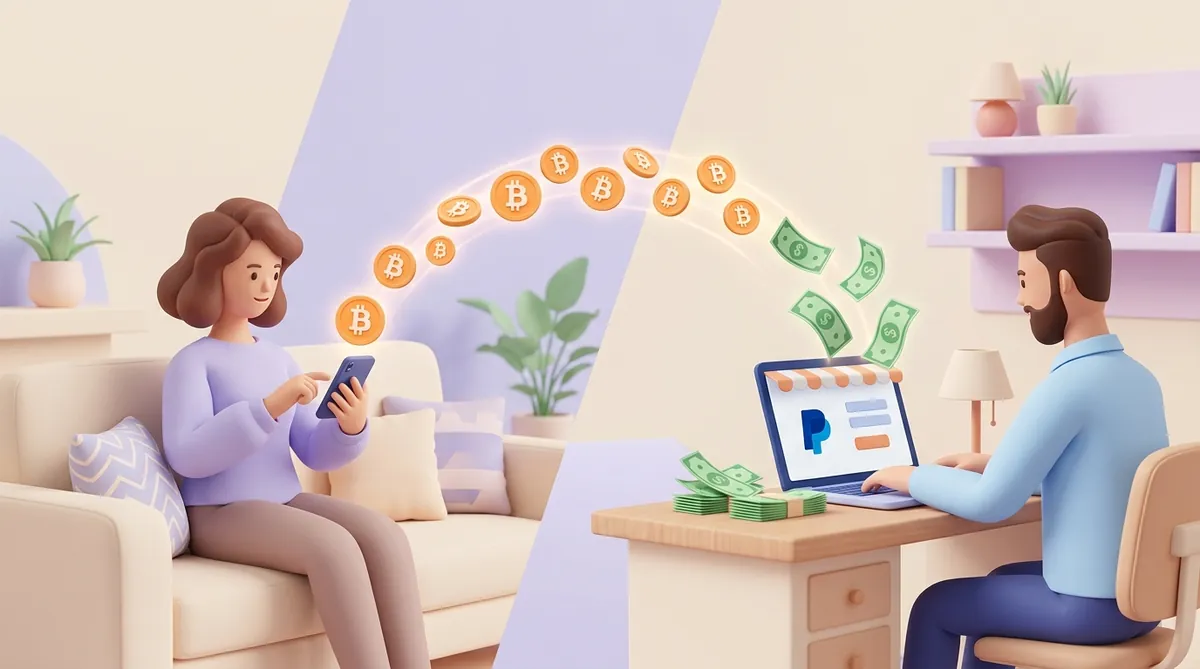 A shopper on a sofa pays with bitcoin from her phone, and the coins fly to an online store owner's laptop showing the PayPal logo, turning into dollar bills on the way.