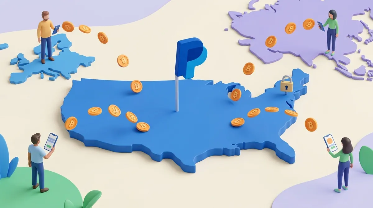 A blue map of the United States with a PayPal flag in the middle and a padlock in the northeast where New York is, while customers on other continents send bitcoin coins into the map from their phones.