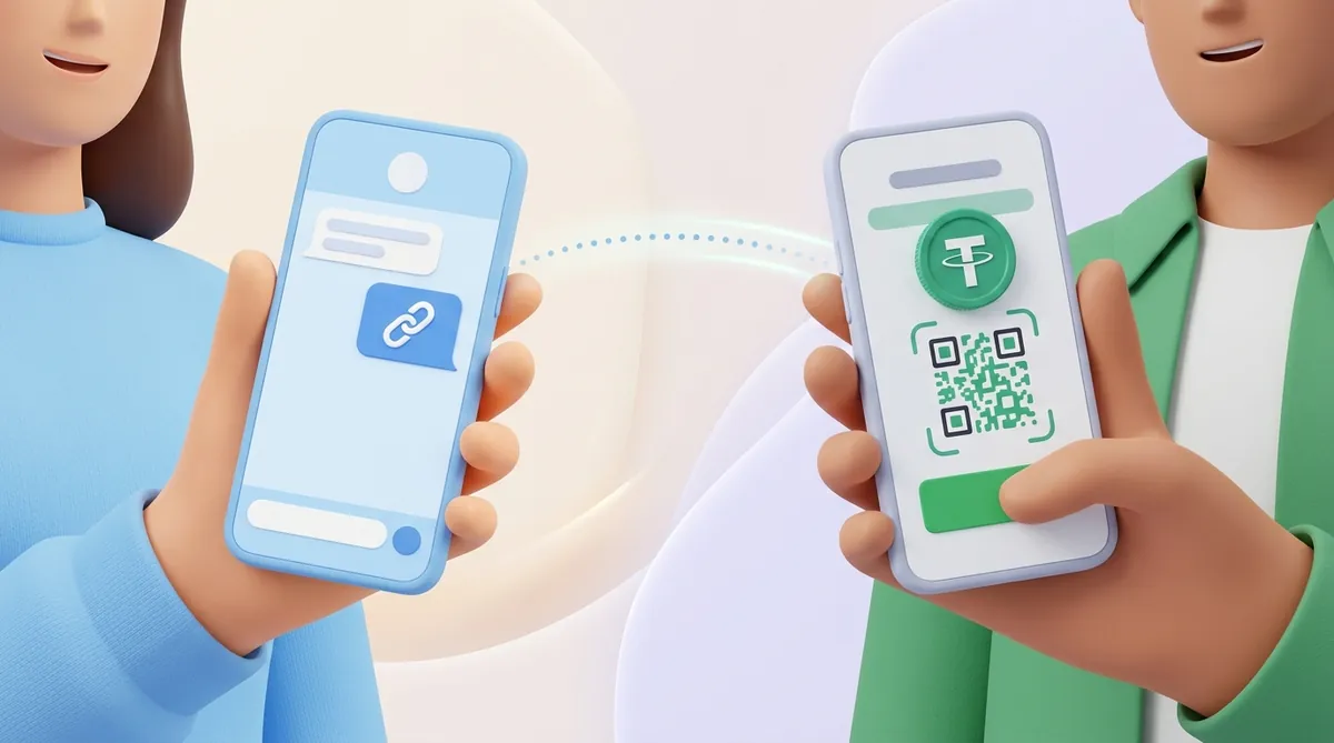 Two people hold their phones facing each other: one phone shows a chat with a payment link message, the other a payment screen with a USDT coin, a QR code and a green button pressed by a thumb.