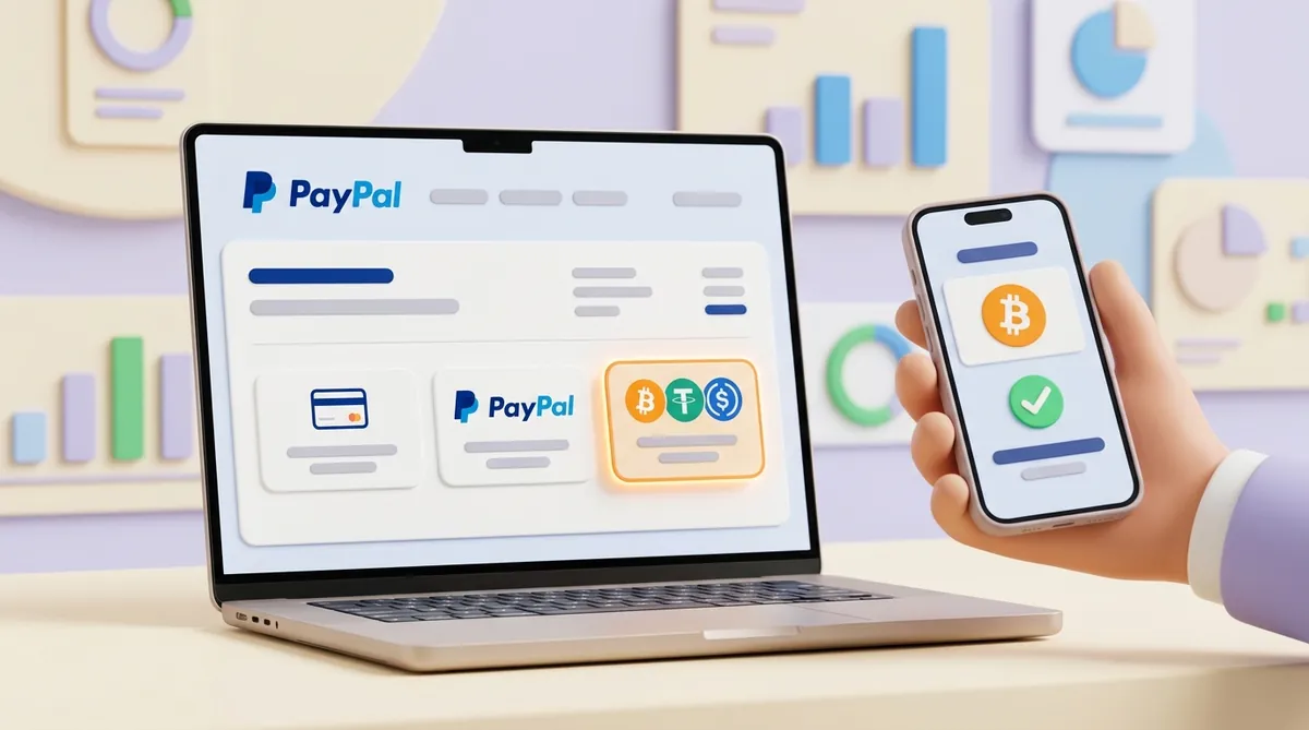 A laptop showing a checkout with the PayPal logo and three payment options: a card, a PayPal button and a highlighted crypto option with bitcoin, tether and PYUSD coins, next to a hand holding a phone with a bitcoin payment and a green tick.