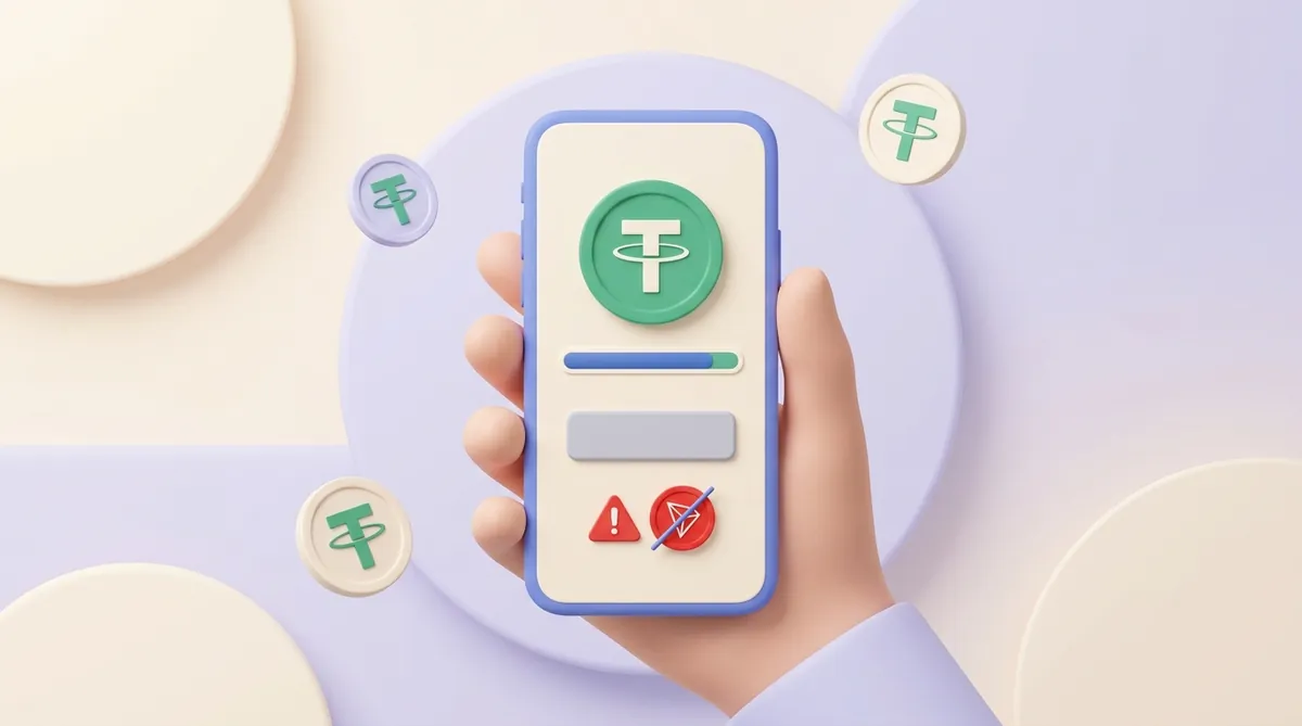 A hand holds a phone with a crypto wallet showing a USDT coin and a full balance bar, but under the send button a red warning sign and a crossed-out TRON coin: there is no TRX to pay the network fee