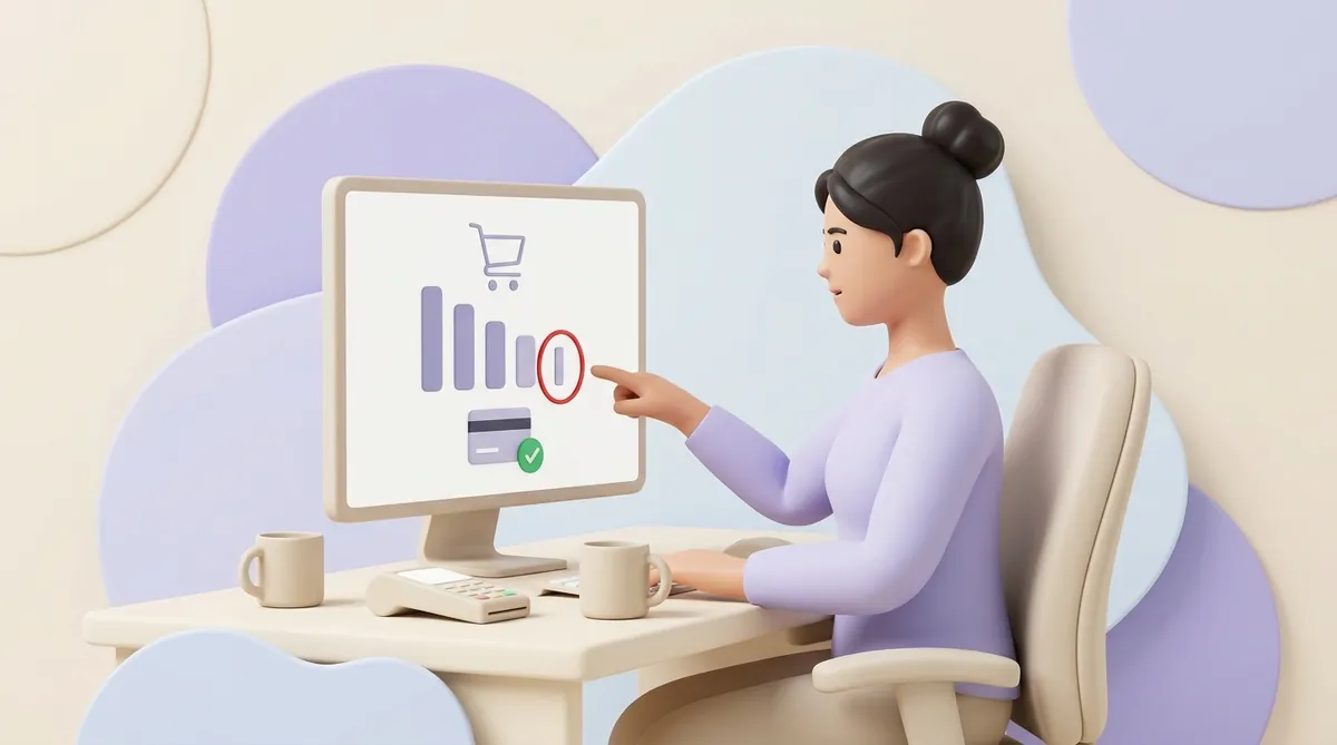 A store owner at her desk points at a monitor showing a shopping cart above bars that get shorter, the thinnest bar before the card payment step circled in red; a card terminal lies on the desk