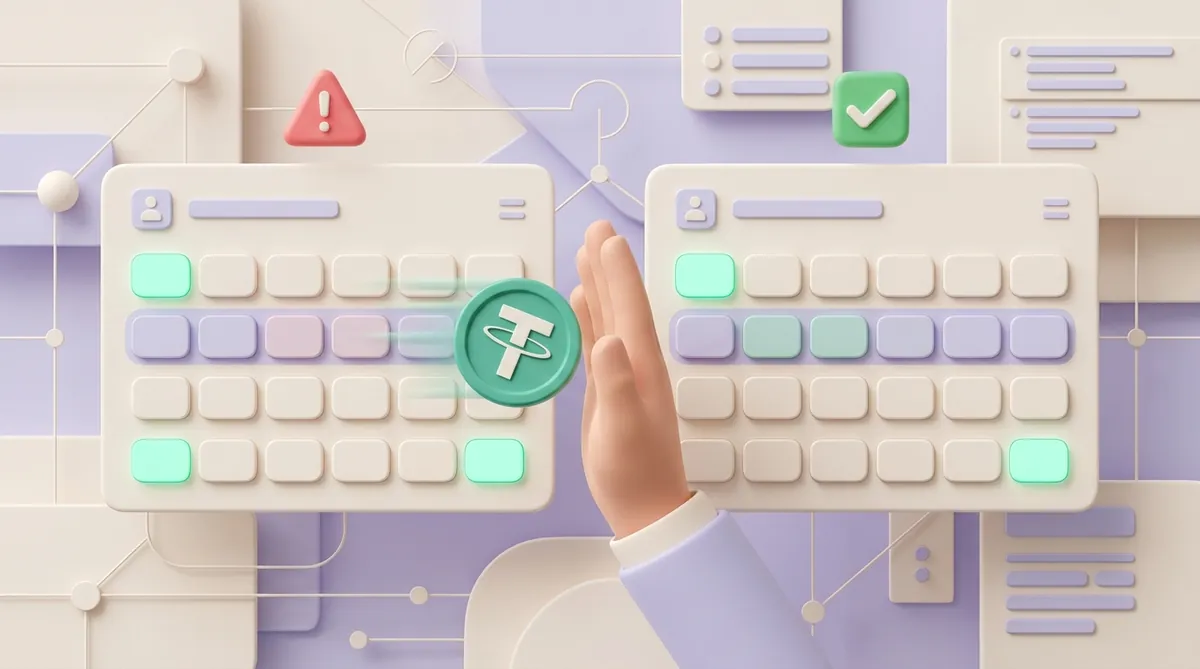 Two lookalike address cards with matching first and last blocks; a USDT coin heads for the wrong card and a hand stops it, with a red warning above the wrong card and a green check above the right one.