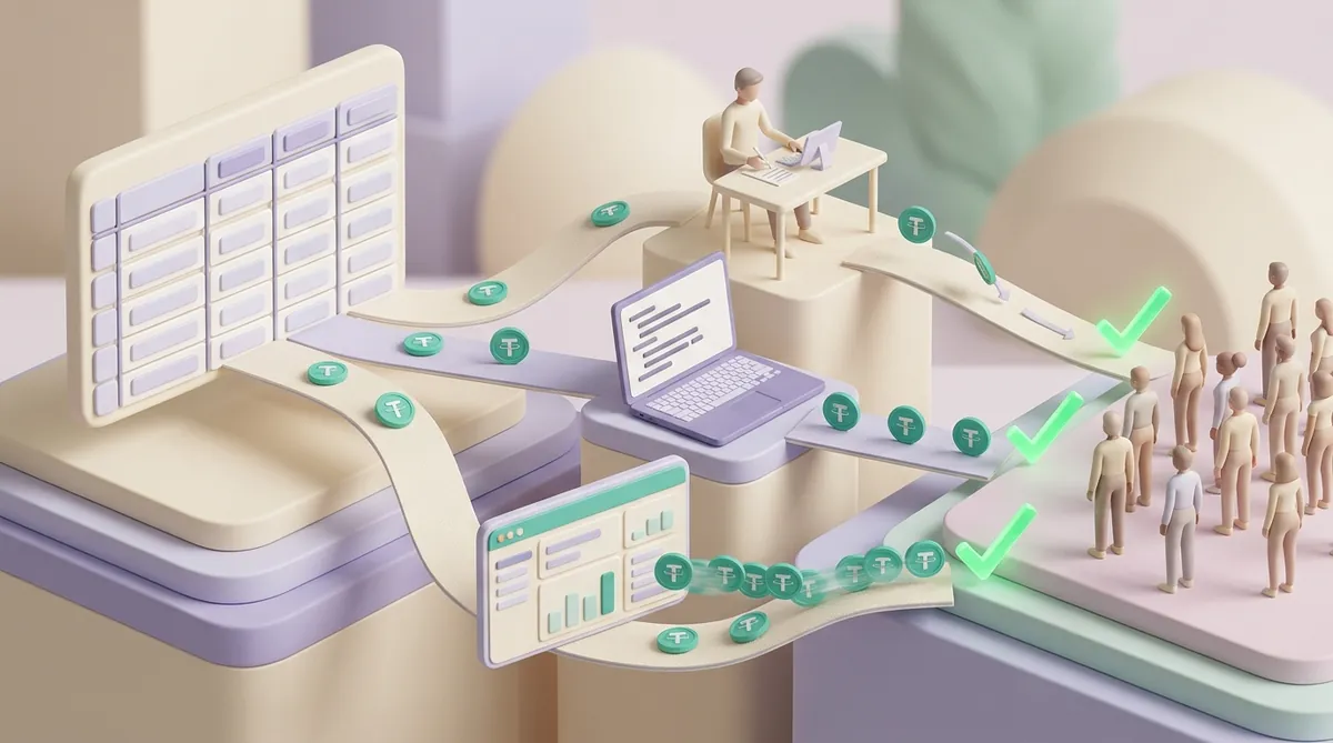 Three paths lead from one spreadsheet of wallet addresses to a crowd of recipients, each carrying USDT coins: a person entering rows by hand at a desk, a laptop running a script, and a payout service dashboard sending a stream of coins.