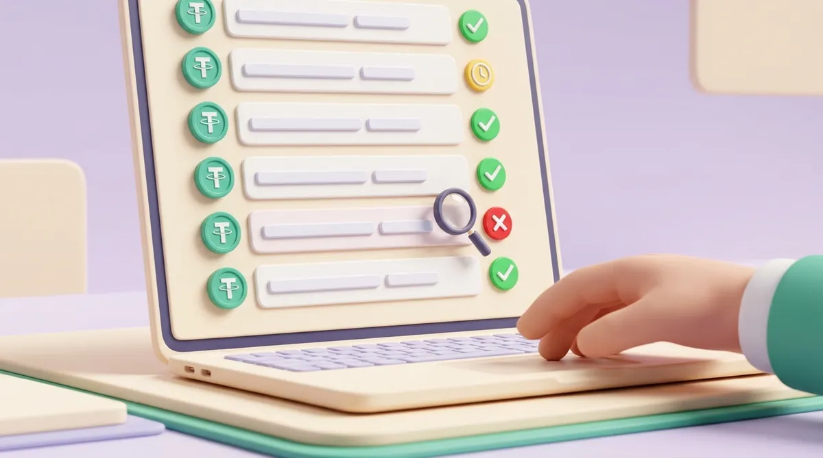 A laptop screen with a payout list where every row has a USDT coin and a status badge: most show green checks, one a yellow clock and one a red cross under a magnifying glass.