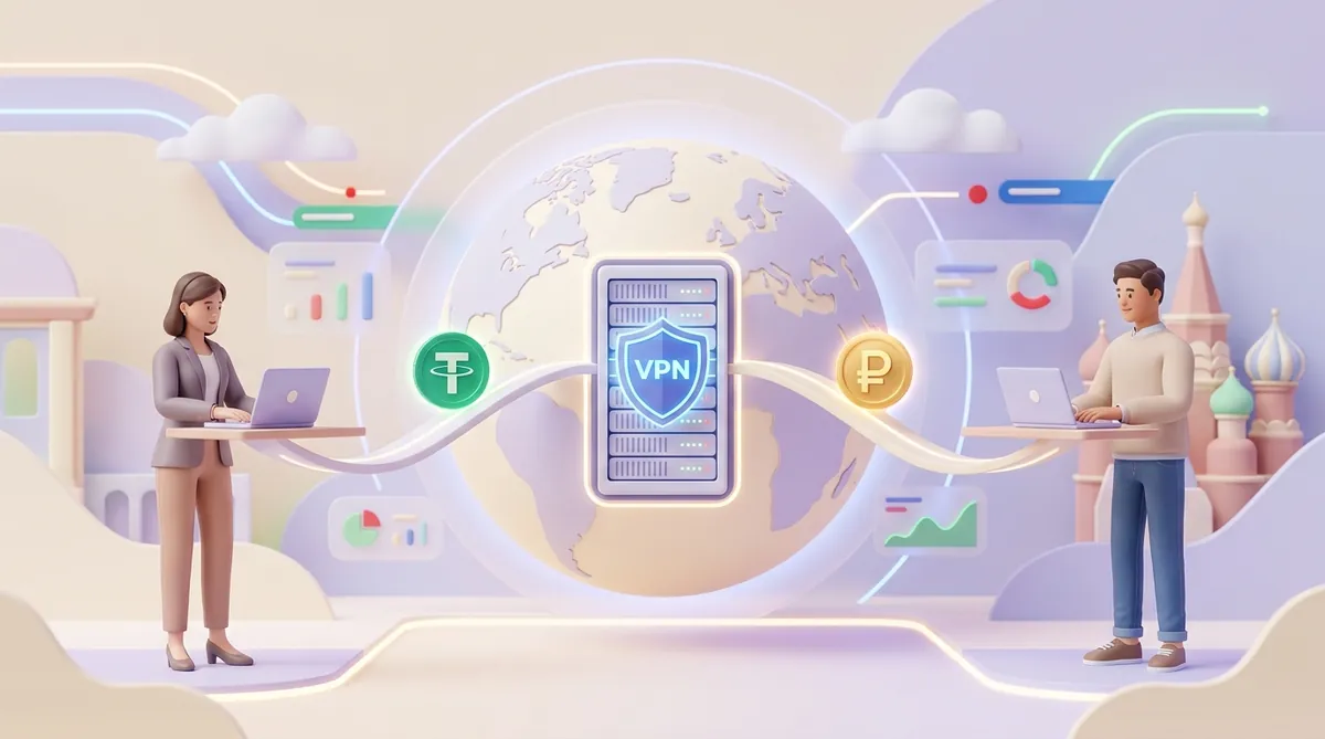 Сервер со щитом VPN на фоне глобуса: клиентка за границей платит монетой USDT, клиент в России на фоне куполов — монетой со знаком рубля