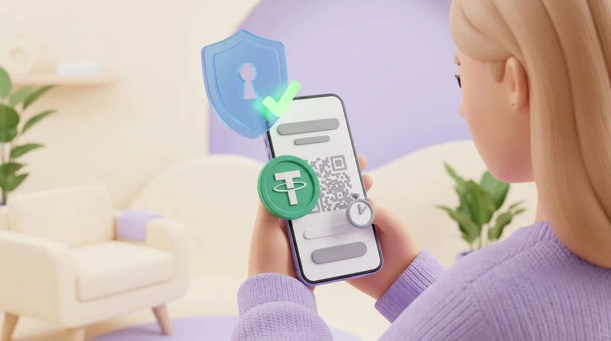 Женщина держит телефон с окном оплаты: зелёная монета USDT со знаком Tether, QR-код и таймер, над телефоном — щит VPN с загорающейся зелёной галочкой