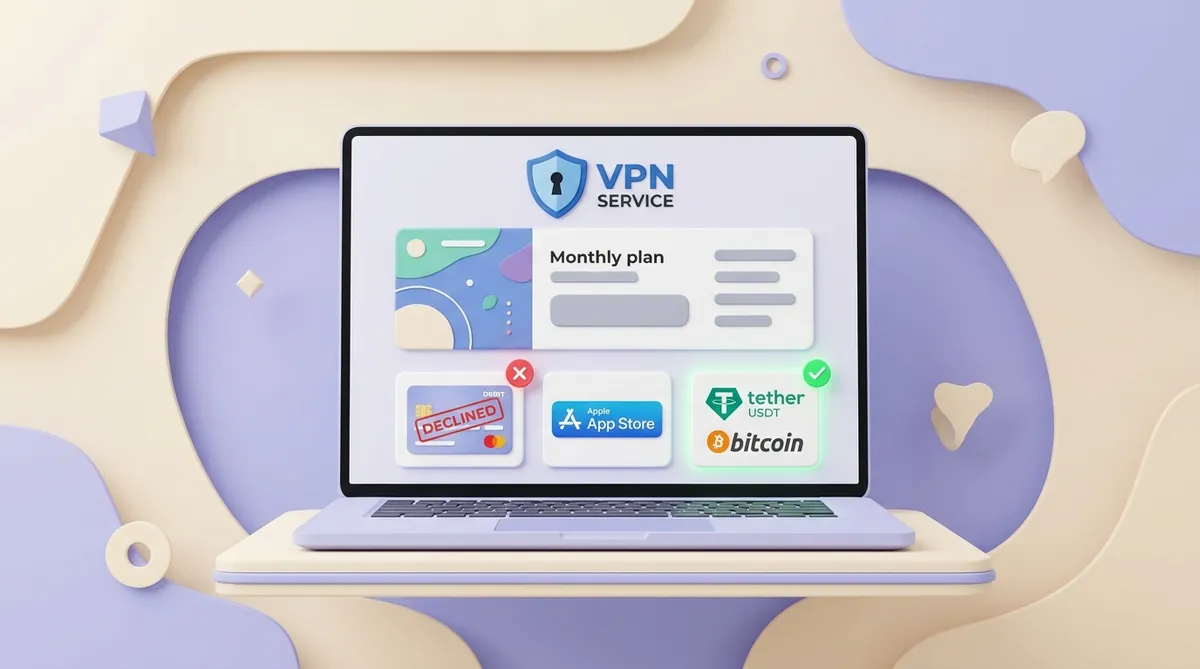 A laptop showing a VPN service monthly plan with three payment options: a bank card marked declined with a red cross, an App Store badge, and a Tether USDT and Bitcoin option with a green checkmark