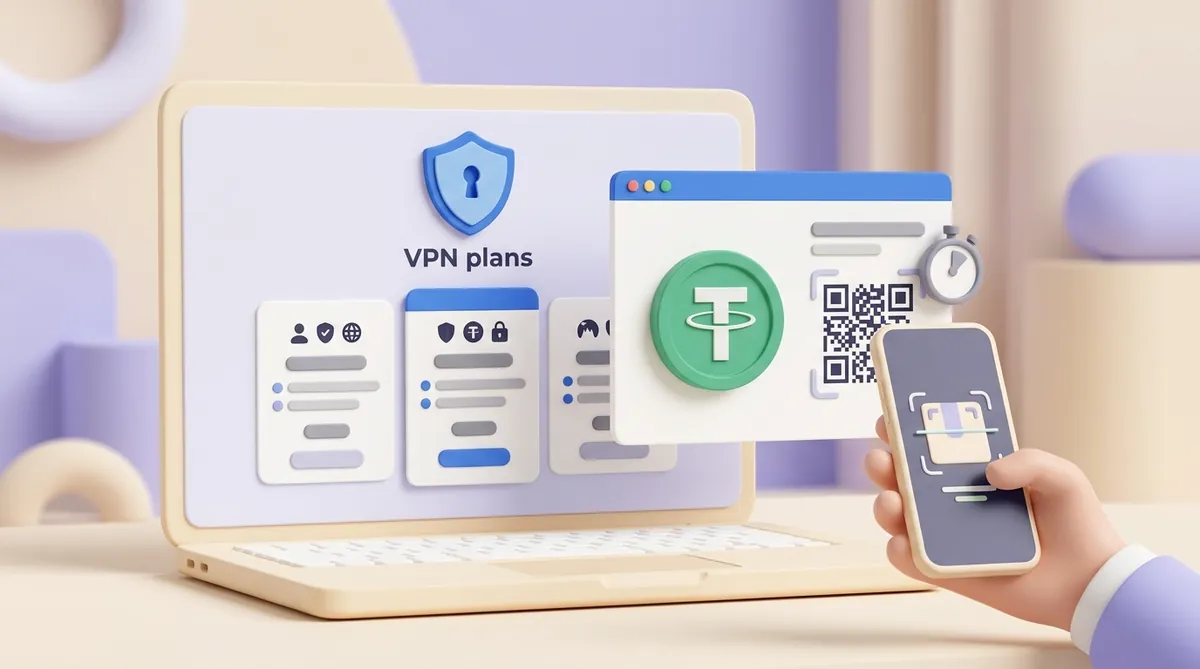 A payment window with a green USDT coin, a QR code and a stopwatch opens over a VPN plans page, while a customer's phone scans the QR code