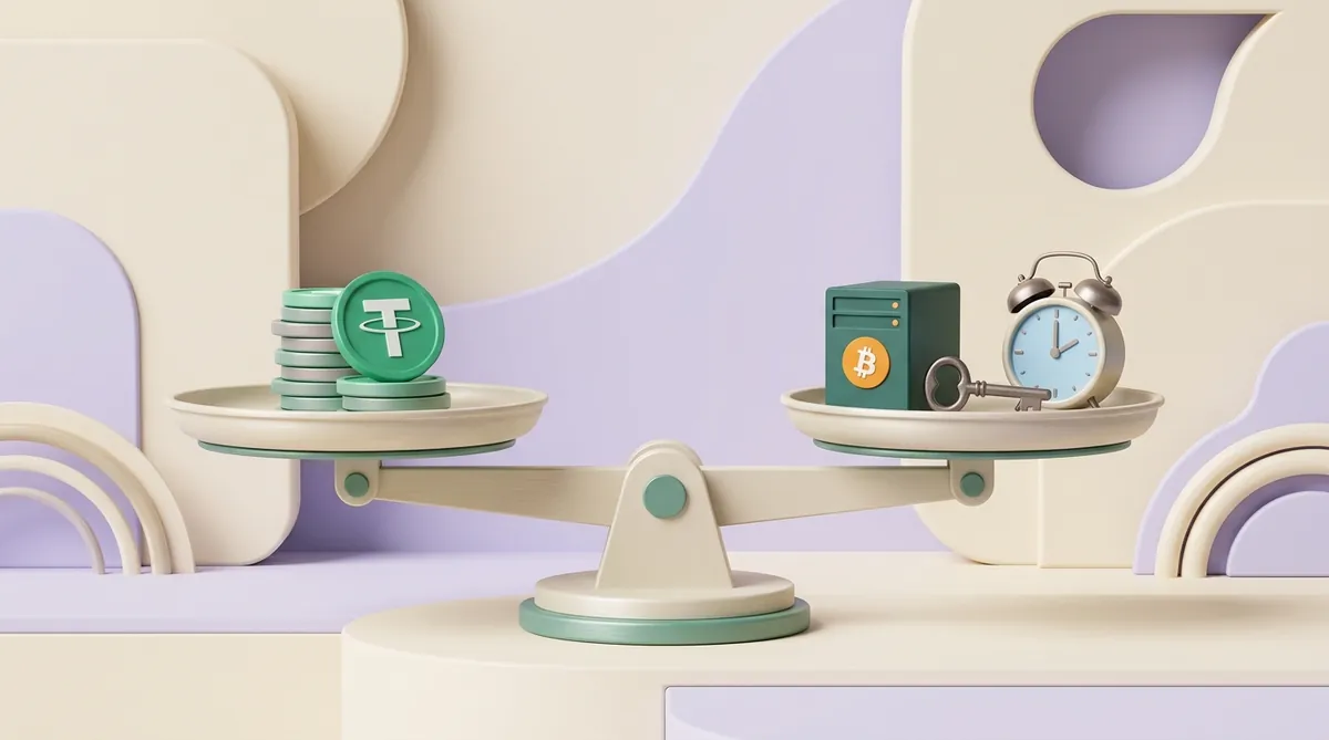 A balance scale with a stack of USDT coins on one pan and a server with a bitcoin logo, a key and an alarm clock on the other, almost level.