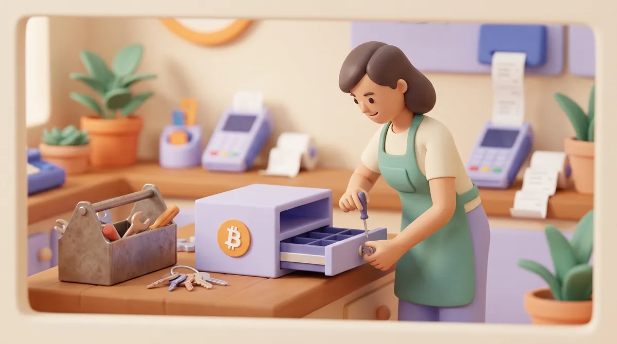 A shopkeeper in an apron assembles a small box with a bitcoin logo and a till drawer by hand, with a toolbox and a set of keys on the counter.