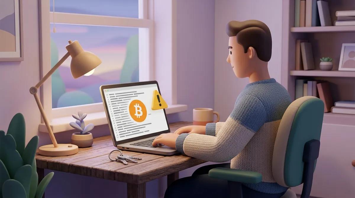 Разработчик вечером за ноутбуком: на экране строки логов, знак Bitcoin и жёлтый треугольник предупреждения об обновлении, рядом на столе связка ключей.