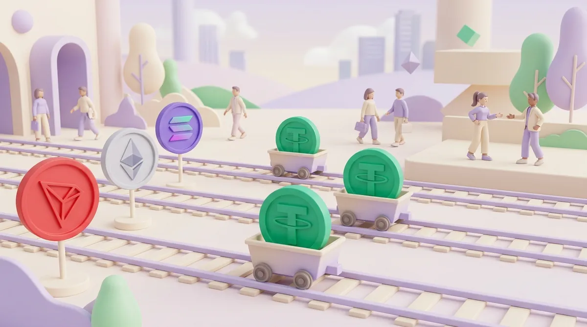 Параллельные железнодорожные пути со знаками сетей TRON, Ethereum и Solana, по ним едут вагонетки с одинаковыми монетами USDT со знаком Tether