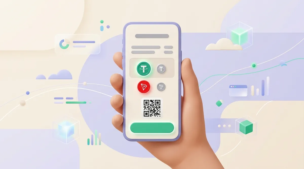 A hand holding a phone checkout with the Tether USDT coin and the red TRON network logo selected, a QR code and a pay button below
