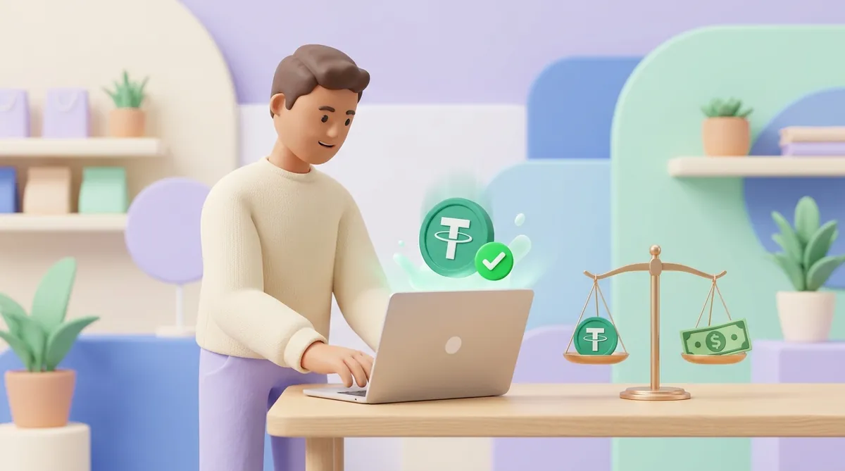A shop owner at a laptop as an emerald Tether USDT coin arrives with a green checkmark; on the desk a small scale balances one USDT coin against a dollar bill