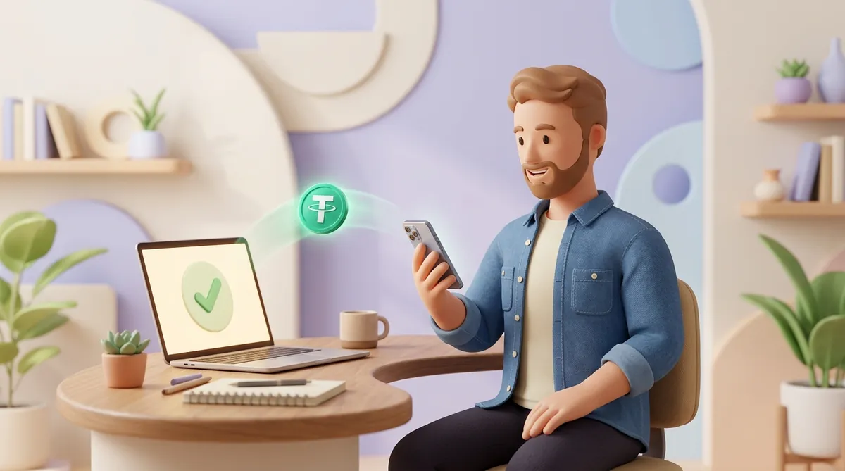 A small business owner sends a test USDT payment from a phone; a Tether coin flies to a laptop showing a green checkmark