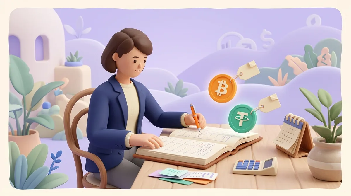 A bookkeeper in a navy blazer writes in an open ledger while a bitcoin coin and a USDT coin, each with a paper tag, float toward the page; a calculator and a desk calendar sit nearby.