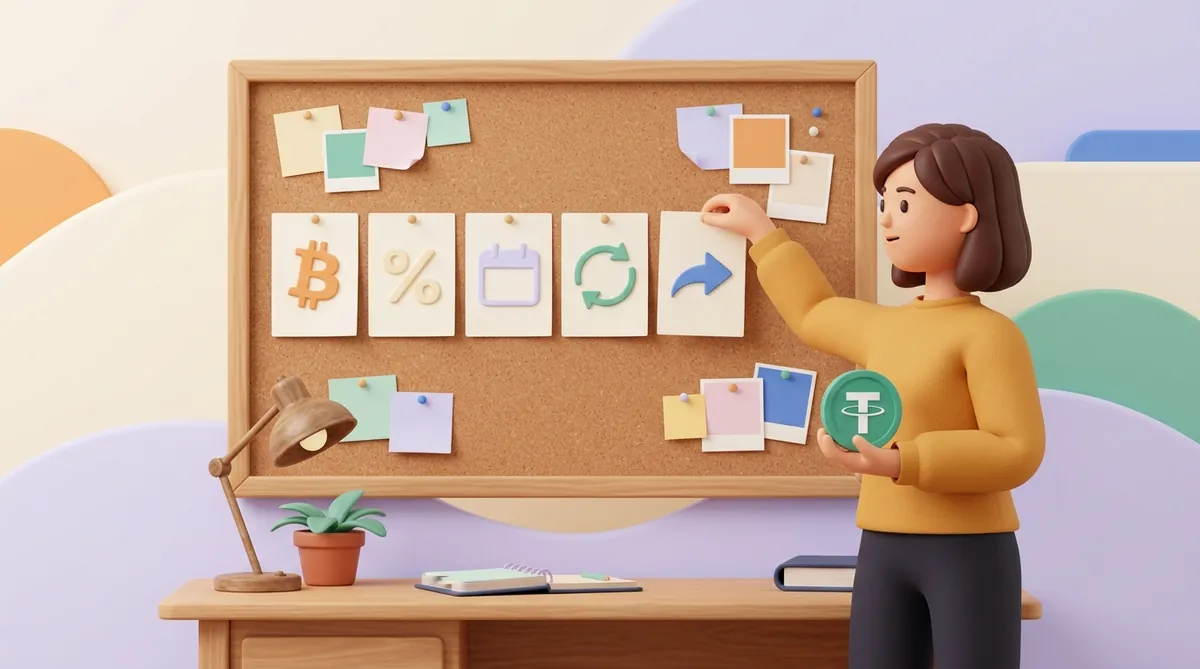 A bookkeeper pins cards on a corkboard in a row: a bitcoin sign, a percent sign, a calendar, circular arrows and an outgoing arrow, holding a USDT coin in her other hand.