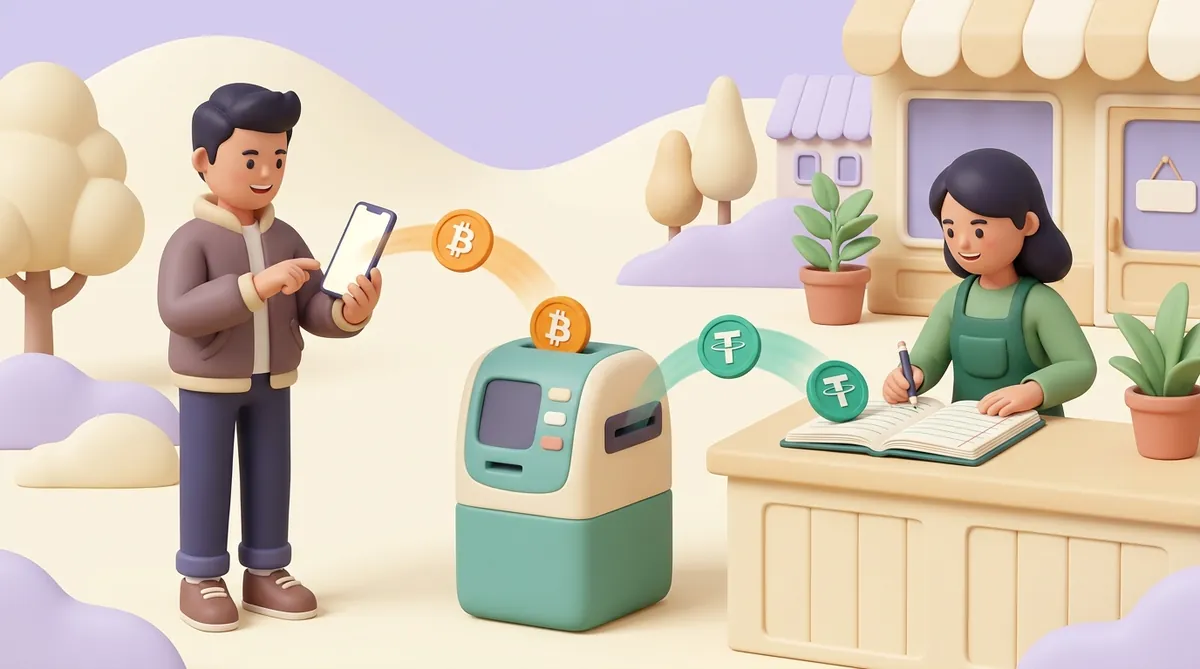 A customer sends a bitcoin from his phone into an exchange machine, a USDT coin comes out and lands on a shop owner's ledger as she writes the entry.