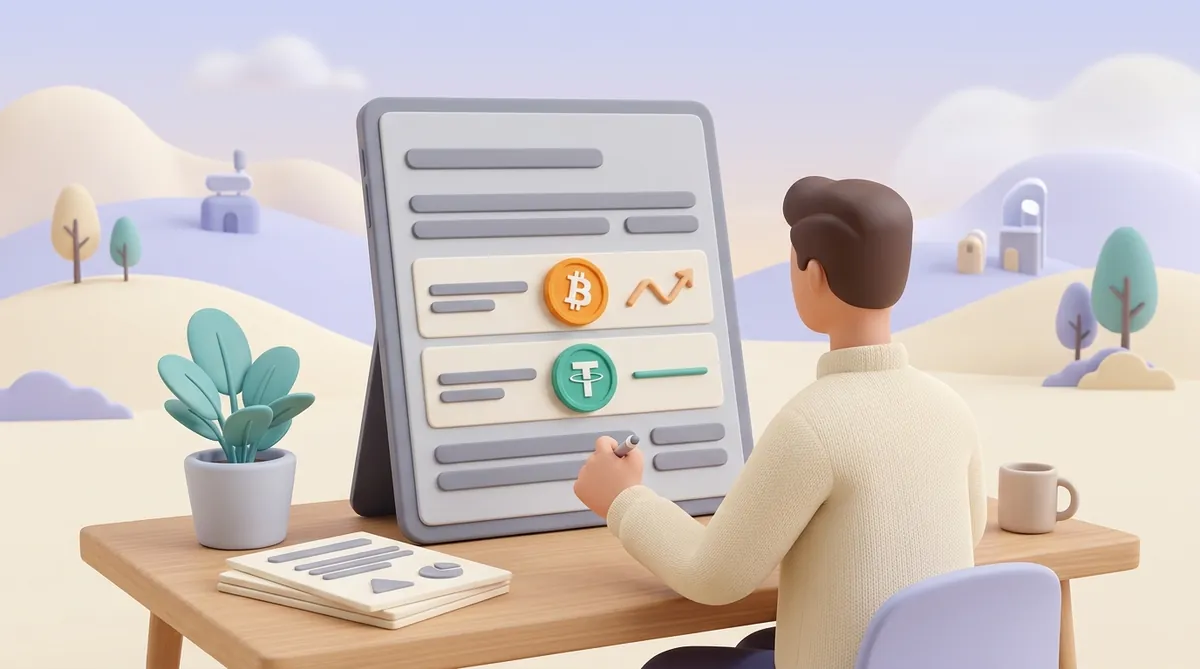 A man looks at a balance sheet on a tablet: next to the bitcoin line the price zigzags, next to the USDT line it stays flat.