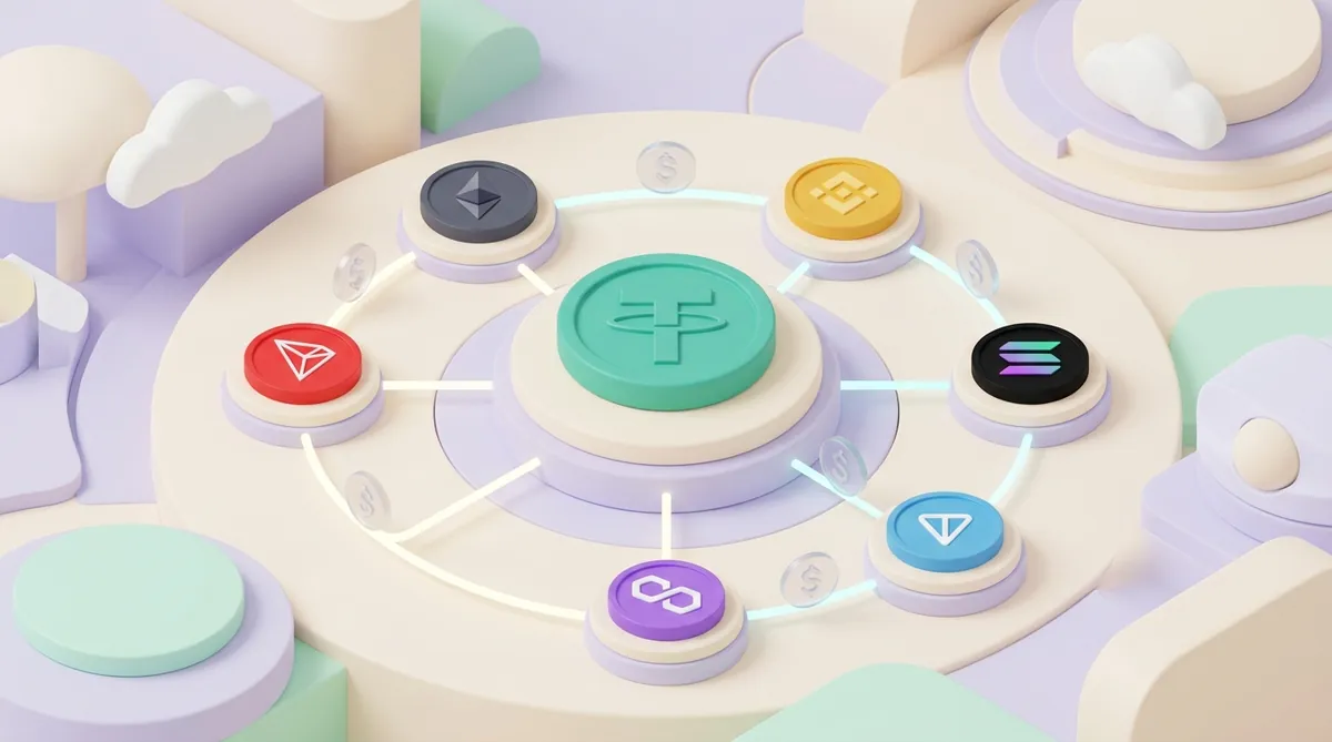 A teal Tether USDT coin in the centre linked to TRON, Ethereum, BNB Chain, Solana, TON and Polygon coins around it
