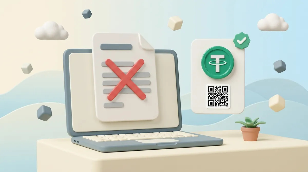 A laptop on a desk showing a document with a large red cross stamped across it, and beside it a floating checkout panel with a green USDT coin, a QR square and a check badge