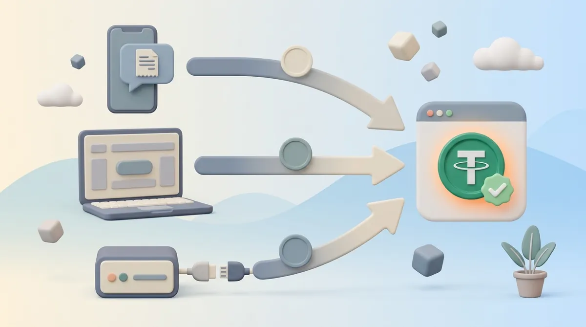 Three routes meeting at one payment screen: a phone holding an invoice in a chat bubble, a laptop with a single checkout button, and a small server box with two plugs joined, each sending a coin to a green USDT panel