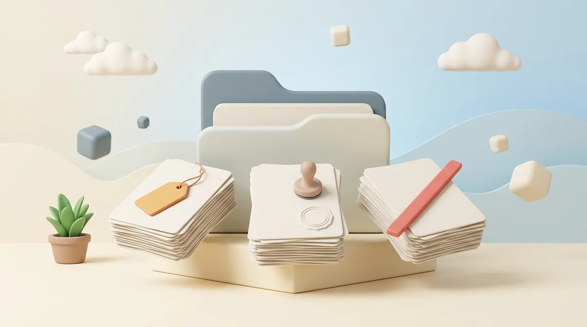One open folder on a podium with three separate stacks of files fanning out of it: the left stack under a price tag, the middle one under a blank seal stamp, the right one crossed out by a red bar