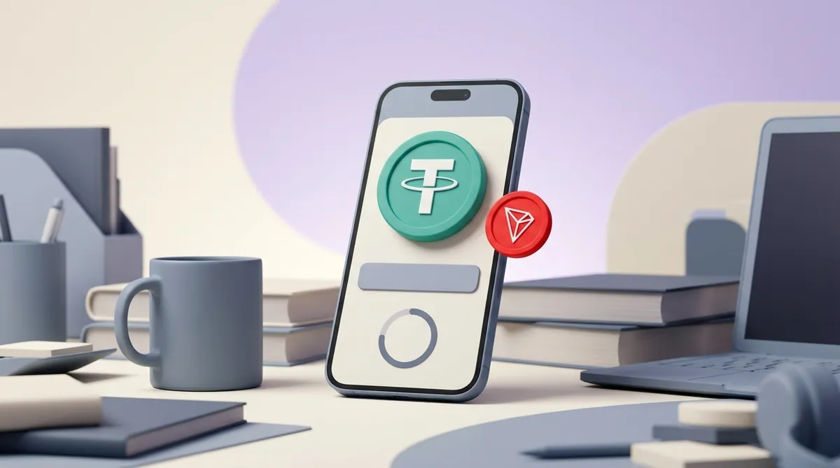 Экран оплаты на телефоне: сумма в USDT, выбранная сеть TRON, поле адреса и таймер до конца счёта