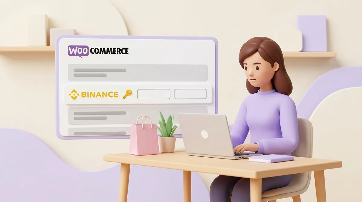 Владелица магазина работает за ноутбуком, рядом панель настроек WooCommerce, где среди способов оплаты выделена строка Binance со значком ключа и полями для ключей API