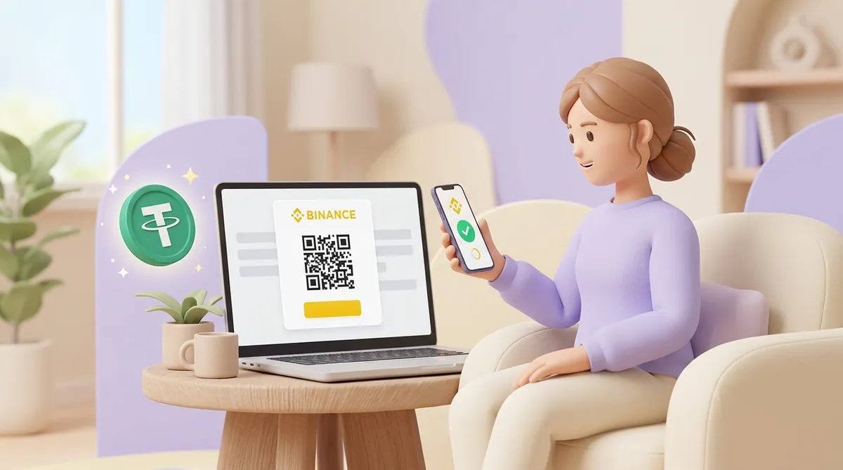 Покупательница оплачивает заказ: сканирует телефоном QR-код Binance на экране ноутбука, на телефоне зелёная галочка, рядом монета USDT