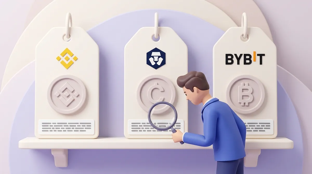 Три ценника с логотипами Binance, Crypto.com и Bybit; продавец разглядывает через лупу мелкий шрифт внизу одного из них