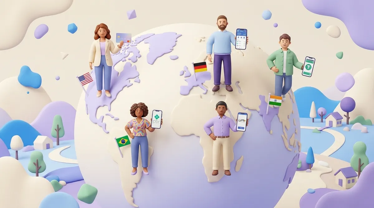 Customers standing on a globe in different countries, each holding up how they pay: a bank card in the US, a banking app in Germany, Pix in Brazil, UPI in India and a crypto wallet with a green USDT coin