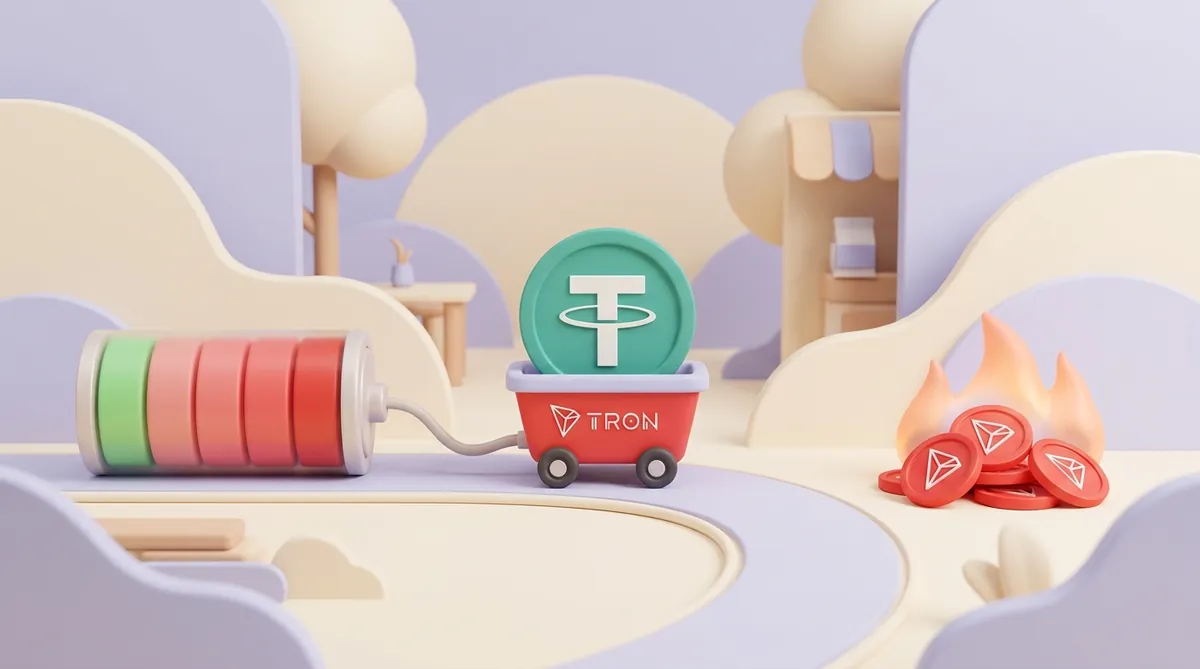 Монета USDT едет в тележке с логотипом TRON: слева батарея энергии, где один зелёный сегмент — работа контракта, а красные — надбавка сети, справа горят монеты TRX