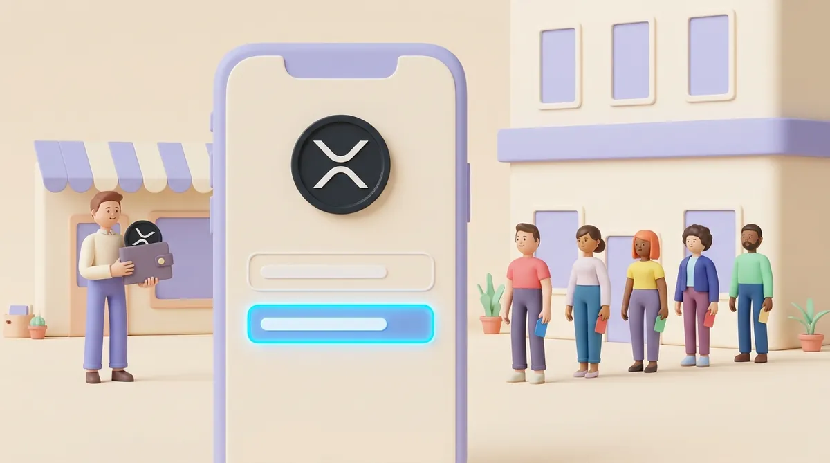 Phone screen for sending XRP with the destination tag field highlighted, a shop owner holding a personal XRP wallet on one side and customers queuing at an exchange on the other