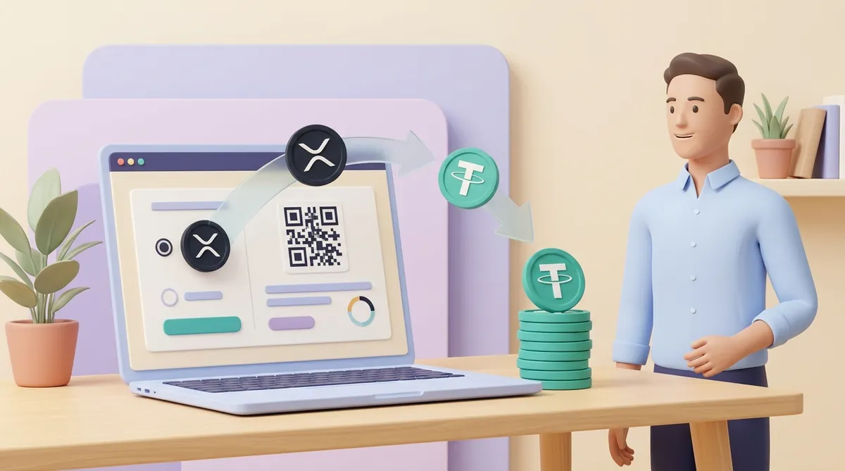 Checkout window on a laptop with XRP chosen and a QR code, the XRP coin turning into USDT and landing on the merchant's balance
