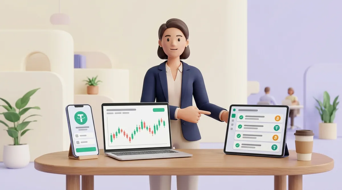 A business owner points at a tablet with a merchant dashboard of paid invoices, next to a phone with a USDT wallet and a laptop with an exchange trading chart