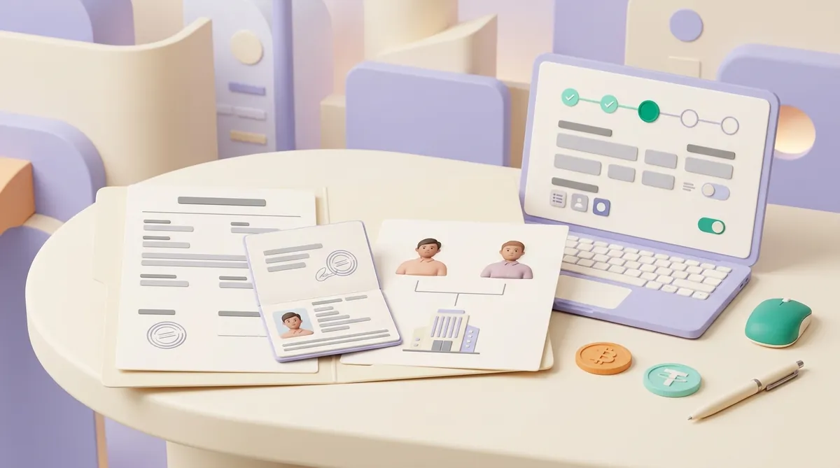 Company papers for a KYB check on a desk: a registry extract with a stamp, a passport and an ownership chart, beside a laptop showing a verification form at step three of five