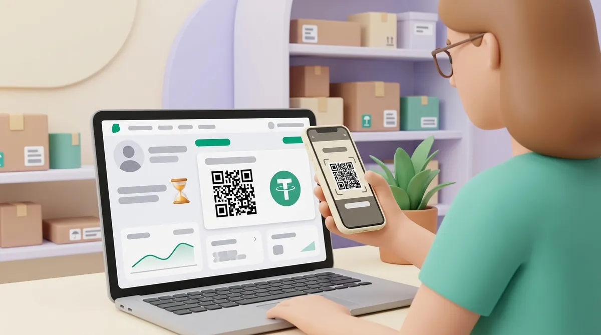 Seen over her shoulder, a shop owner scans a USDT payment QR code from her merchant dashboard with her phone while an hourglass icon shows her project still under review