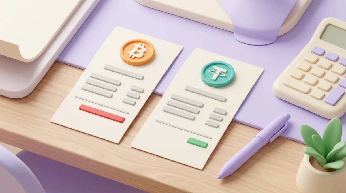 Two receipts for the same order: the one with the Bitcoin logo has a long red fee bar, the one with the USDT logo a short green one