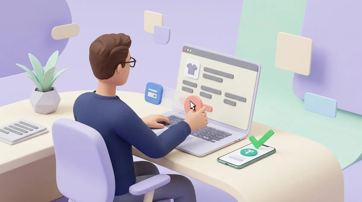 A shop owner at a laptop drags a new payment button onto a product page; a phone beside him shows the USDT logo and a green checkmark