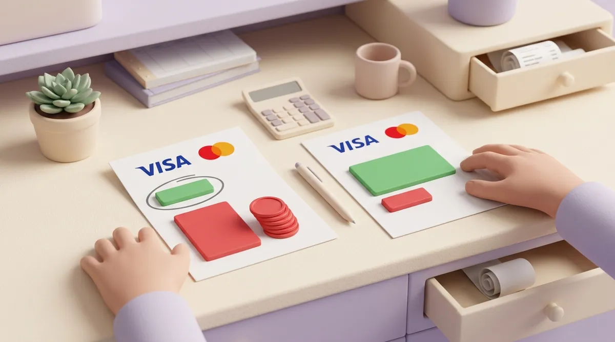 Two processor offers side by side with Visa and Mastercard logos: one with a small circled rate bar and a large red reserve block, the other with a longer rate bar and a thin reserve block