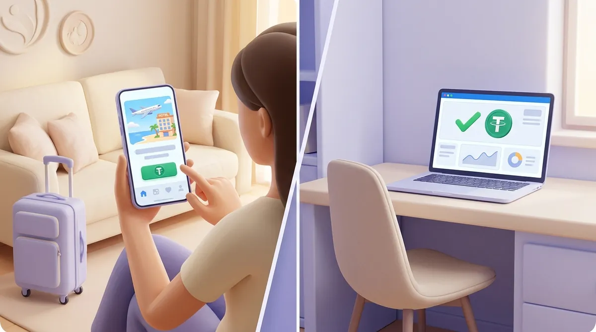 A traveler pays for a holiday on her phone with a USDT button, while in the travel agency office a laptop shows a green checkmark next to the USDT coin