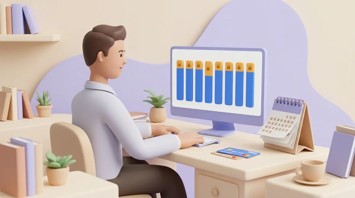 A merchant looks at monthly card sales on a monitor, each bar topped by a padlocked amber share held in reserve, with a desk calendar and Visa and Mastercard cards beside the keyboard