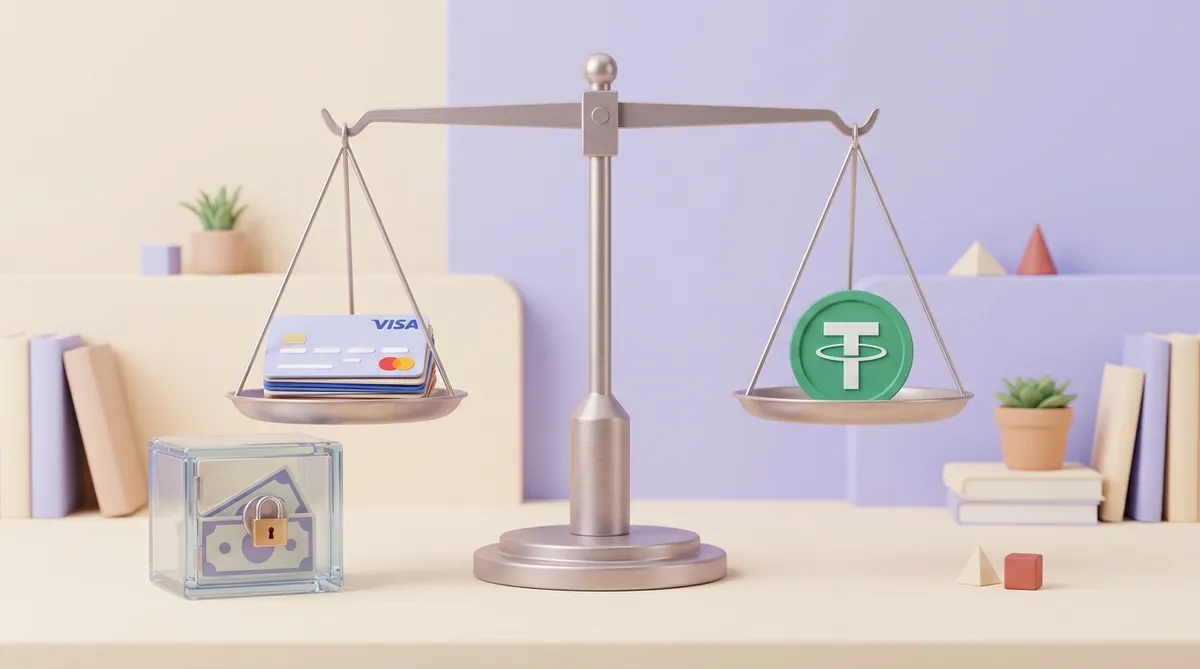 Весы: на одной чаше карты Visa и Mastercard, рядом стеклянный сейф с замком и удержанными деньгами, на другой чаше — монета USDT
